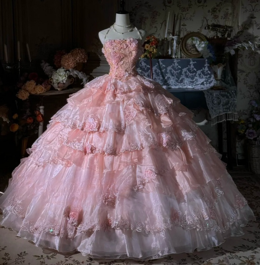 Fairy Strapless Ball Gown Pink Long Prom Dresses Tulle Applique Pink Quinceaña Dresses Sweet 16 Dress ED04847
