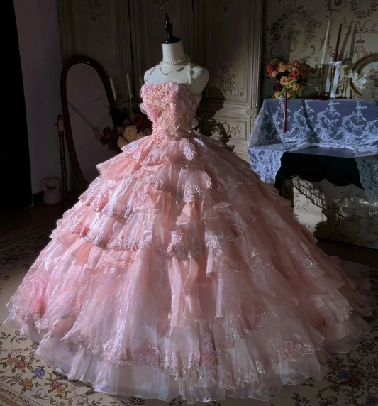 Fairy Strapless Ball Gown Pink Long Prom Dresses Tulle Applique Pink Quinceaña Dresses Sweet 16 Dress ED04847