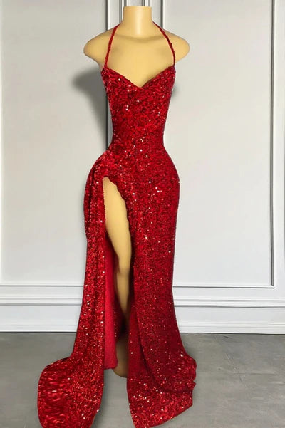 Sexy Halter Sheath Red Long Prom Dresses Sequin Red New Year's Eve Dresses ED04853