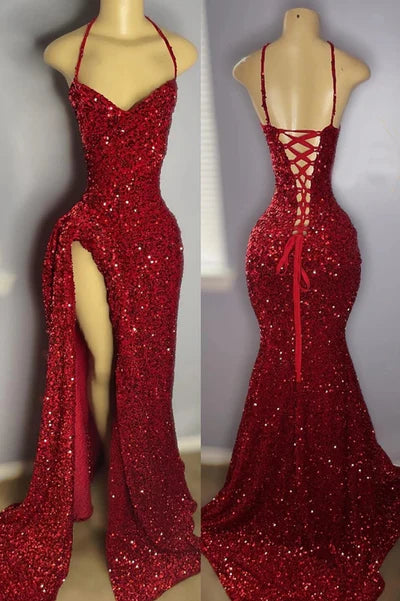 Sexy Halter Sheath Red Long Prom Dresses Sequin Red New Year's Eve Dresses ED04853