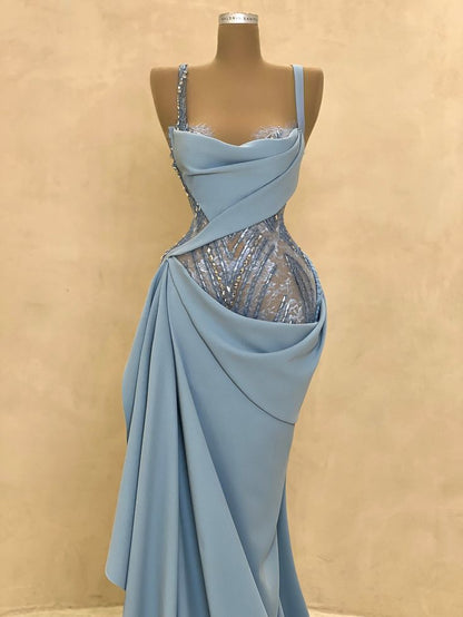 Glam Spaghetti Strap Sheath Blue Long Prom Dresses Chiffon Sky Blue Evening Dresses ED04856