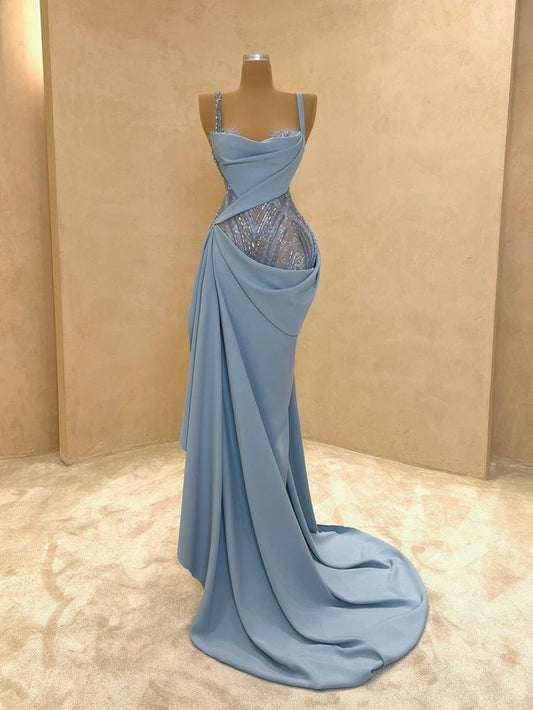 Glam Spaghetti Strap Sheath Blue Long Prom Dresses Chiffon Sky Blue Evening Dresses ED04856