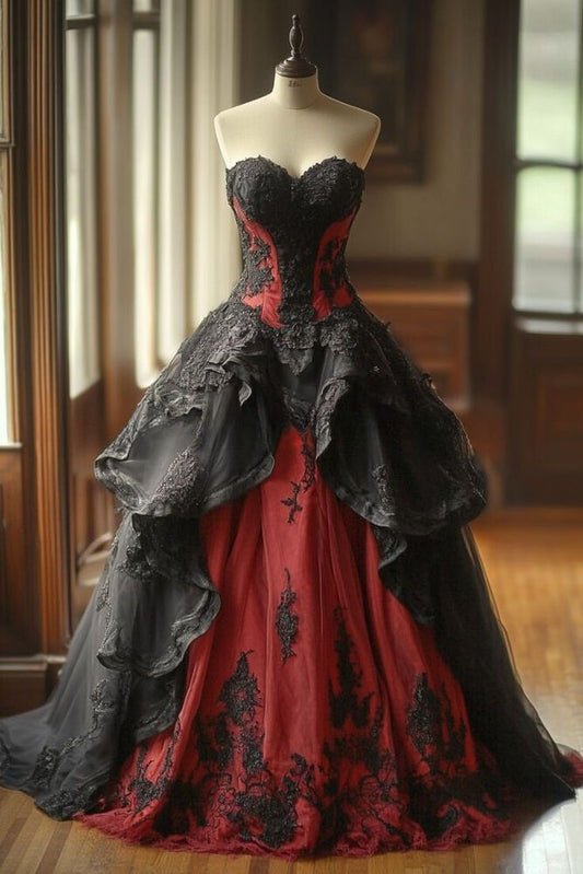 Gothic Sweetheart Ball Gown Tulle Long Prom Dresses Tulle Red/Black Quinceañera Dresses 2025 Halloween Dress ED04858