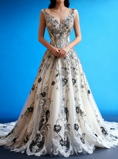 Gorgeous V-neck A-Line Tulle Long Prom Dresses Tulle Beaded Applique White Quinceañera Dresses 2025 Halloween Dress ED04859