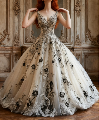 Gorgeous V-neck A-Line Tulle Long Prom Dresses Tulle Beaded Applique White Quinceañera Dresses 2025 Halloween Dress ED04859