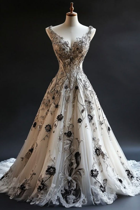 Gorgeous V-neck A-Line Tulle Long Prom Dresses Tulle Beaded Applique White Quinceañera Dresses 2025 Halloween Dress ED04859