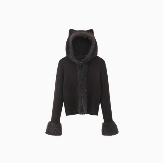 Hot Girl Style Coffee Cat Ear Hooded Knitted Cardigan ED0485