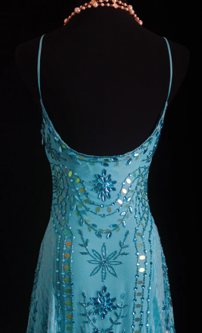 Vintage Spaghetti Strap Sheath Blue Short Birthday Dresses Lace Beading Blue Formal Dresses ED04861