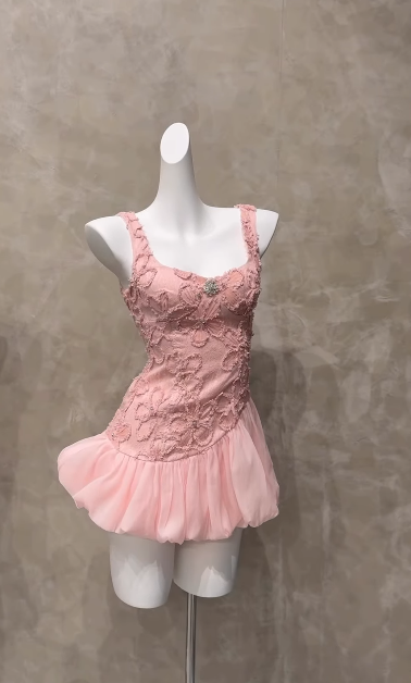 Cute Strap Homecoming Dresses Ball Gown Pink Short Prom Dresses Applique Pink Birthday Dresses ED04866