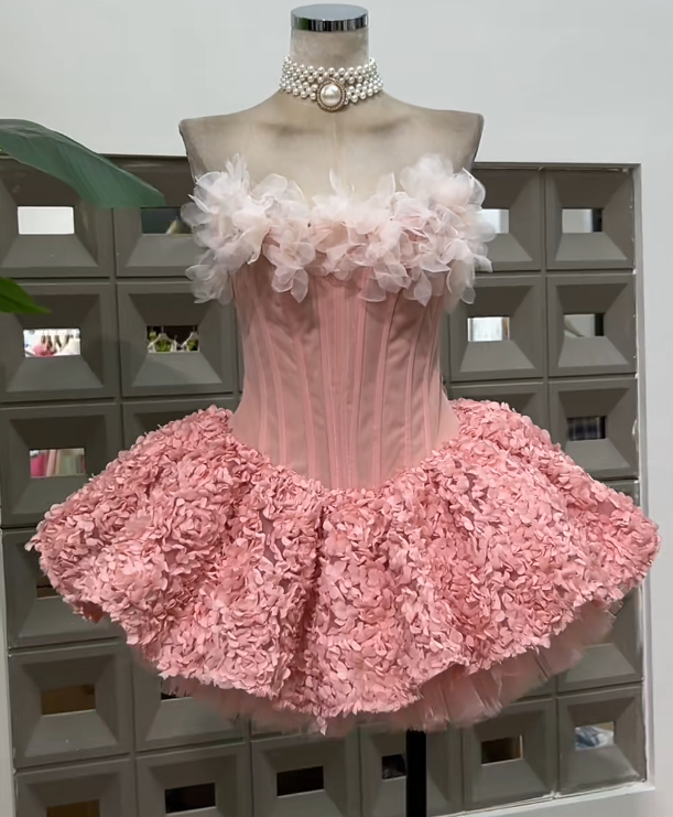 Cute Strapless Ball Gown,  Pink Short Prom Dresses, Tulle Applique Pink Birthday Dresses, Sleeveless Homecoming Dresses ED04869