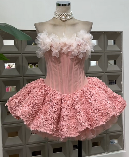 Cute Strapless Ball Gown,  Pink Short Prom Dresses, Tulle Applique Pink Birthday Dresses, Sleeveless Homecoming Dresses ED04869