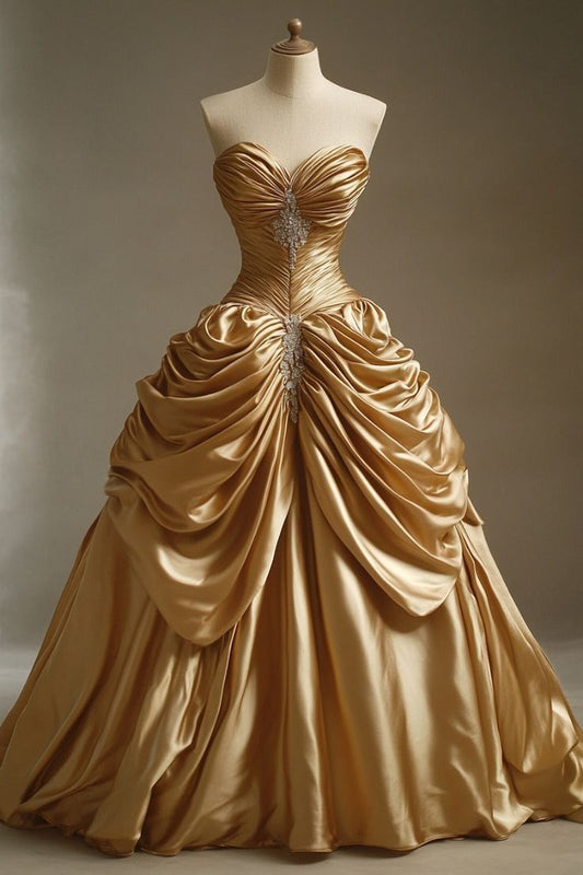 Elegant Sweetheart Neck Ball Gown Gold Long Prom Dresses Satin Gold Quinceanera Dresses Sweet 16 Dresses ED04873