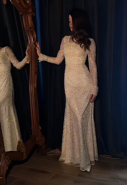 Elegant Square Neck Sheath Pale Yellow Long Prom Dresses Lace Sequin Pale Yellow Wedding Guest Dresses Long Sleeve Evening Dresses ED04877