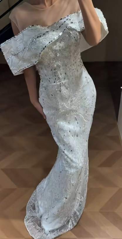 Elegant Off-the-shoulder Sheath White Long Prom Dresses Tulle Beaded White Wedding Guset Dresses ED04886