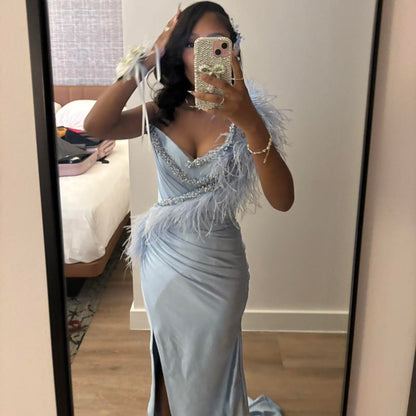 Robes d'anniversaire élégantes bleu dégradé, col en V, paillettes, mousseline, fourreau, robes de bal, robes de soirée ED04456