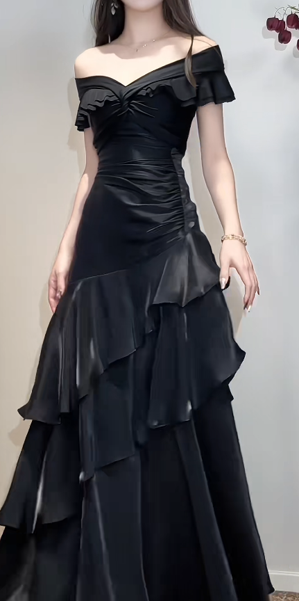 Chic Off-the-shoulder Sheath Black Long Prom Dresses Satin Ruffle Black Long Evening Dresses ED04889