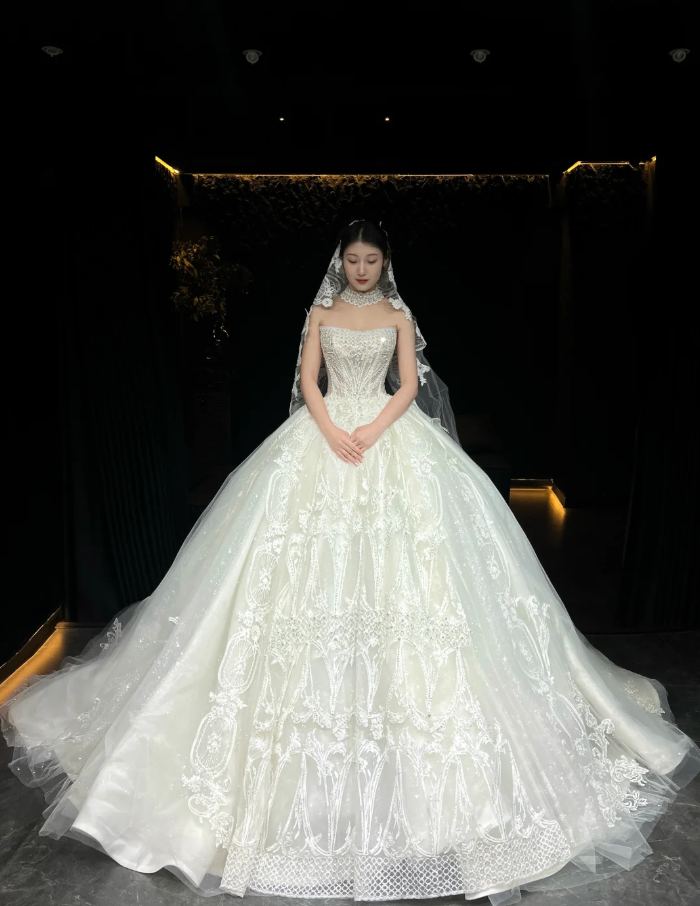 Modest  A-Line Long Wedding Dresses Beaded Tulle White Bridal Dresses Sleeveless Strapless Bridal Gowns ED05892