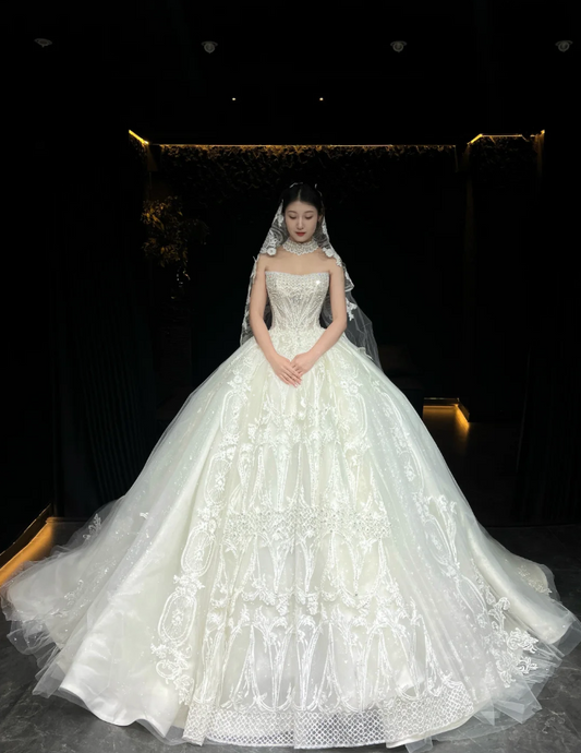 Modest  A-Line Long Wedding Dresses Beaded Tulle White Bridal Dresses Sleeveless Strapless Bridal Gowns ED05892