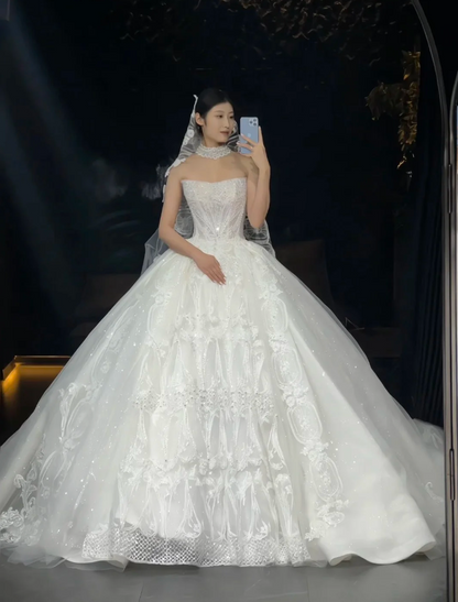 Modest  A-Line Long Wedding Dresses Beaded Tulle White Bridal Dresses Sleeveless Strapless Bridal Gowns ED05892