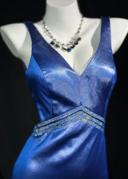 Vintage V-neck Mermaid Blue Long Prom Dresses Satin Blue Long Evening Dresses with Open Back ED04892