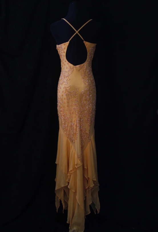Vintage Spaghetti Strap Sheath Long Prom Dresses Beaded Chiffon Pastel Orange Formal Dresses Sleeveless Evening Gowns ED04898