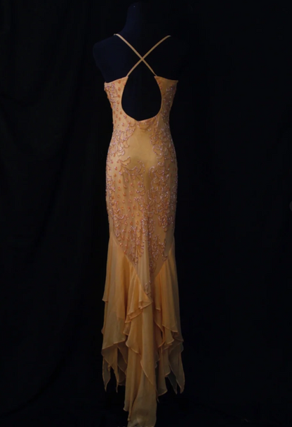 Vintage Spaghetti Strap Sheath Long Prom Dresses Beaded Chiffon Pastel Orange Formal Dresses Sleeveless Evening Gowns ED04898