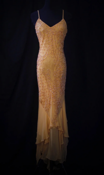 Vintage Spaghetti Strap Sheath Long Prom Dresses Beaded Chiffon Pastel Orange Formal Dresses Sleeveless Evening Gowns ED04898