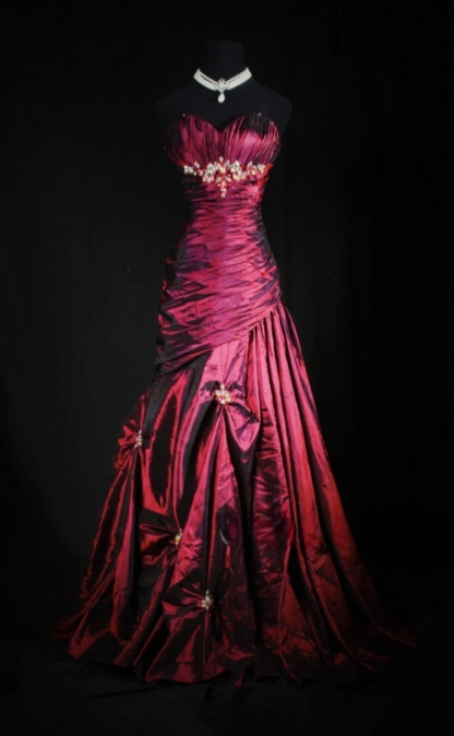 Vintage Sweetheart Neck A-Line Long Prom Dresses Taffeta Burgundy Formal Dresses Sleeveless Evening Gowns ED04899