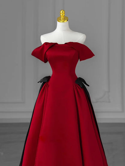 A-Linie Off Shoulder Satin Burgunder Langes Ballkleid, Burgund Langes Abendkleid ED049