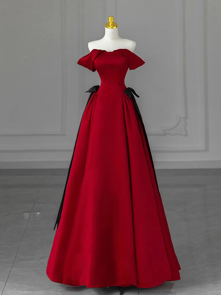 A-Linie Off Shoulder Satin Burgunder Langes Ballkleid, Burgund Langes Abendkleid ED049