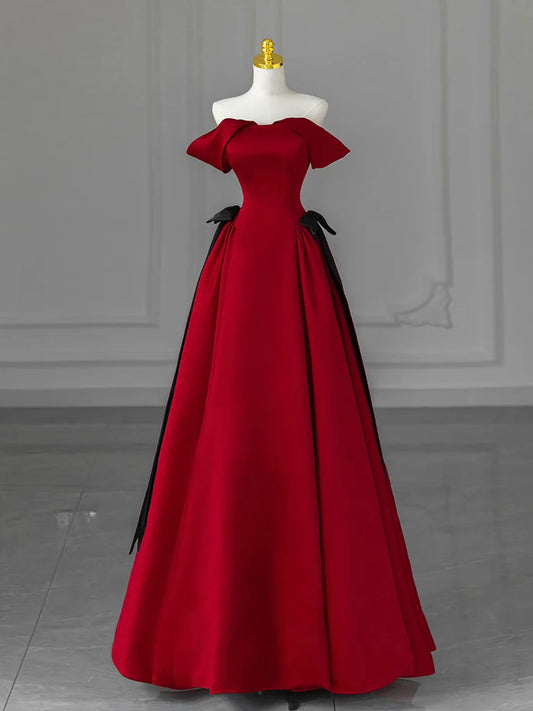 A-Linie Off Shoulder Satin Burgunder Langes Ballkleid, Burgund Langes Abendkleid ED049