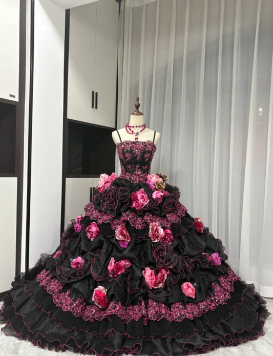Gorgeous Spaghetti Strap Ball Gown Tulle Long Prom Dresses Applique Black Quinceanera Dresses Sweet 16 Dress ED04902