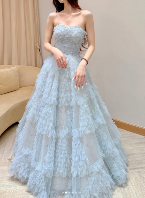Robes d'anniversaire élégantes bleu dégradé, col en V, paillettes, mousseline, fourreau, robes de bal, robes de soirée ED04456