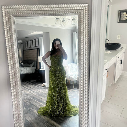 Sexy Strapless Sheath Long Prom Dresses Applique Sequin Tulle Olive Green Bithday Dresses ED04910
