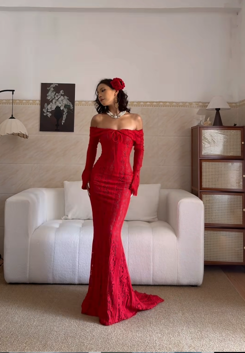 Sexy Off-the-shoulder Sheath Long Prom Dresses, Lace Burgundy Long Birthday Dresses, Long-sleeved Burgundy Formal Dresses ED04911