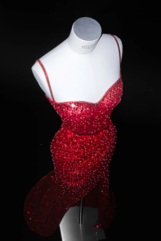 Sexy Spaghetti Strap Sheath Long Prom Dresses, Sequined Burgundy Long Birthday Dresses, Slit Formal Dresses ED04912