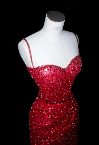 Sexy Spaghetti Strap Sheath Long Prom Dresses, Sequined Burgundy Long Birthday Dresses, Slit Formal Dresses ED04912