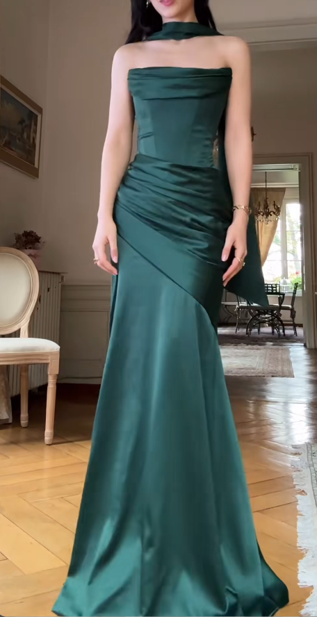 Elegant Strapless Sheath Dark Green Long Evening Dresses Satin Dark Green Long Birthday Dresses ED04914