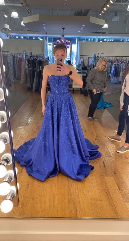 Elegant Strapless A-line Blue Long Prom Dresses Shimmering Satin Blue Long Birthday Dresses ED04915