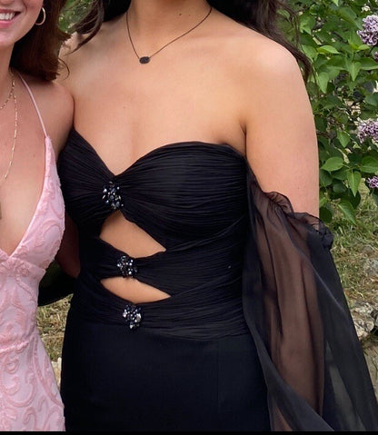 Elegant Off-the-shoulder Sheath Black Long Prom Dresses Chiffon Black Party Dresses with Slits ED04916