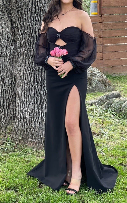 Elegant Off-the-shoulder Sheath Black Long Prom Dresses Chiffon Black Party Dresses with Slits ED04916