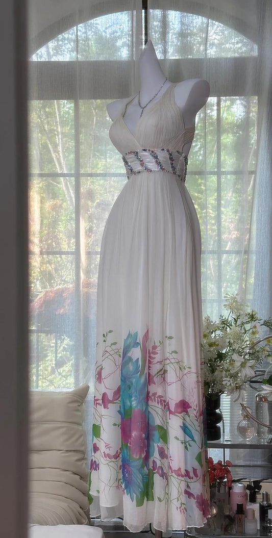 Elegant V-neck Sheath White Evening Dresses Printed Chiffon White Party Dresses with Open Back ED04917