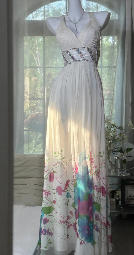 Elegant V-neck Sheath White Evening Dresses Printed Chiffon White Party Dresses with Open Back ED04917