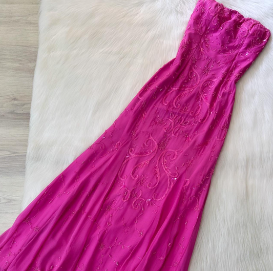 Elegant Strapless Mermaid Fuchsia Long Prom Dresses Beaded Satin Fuchsia Formal Dresses ED04927