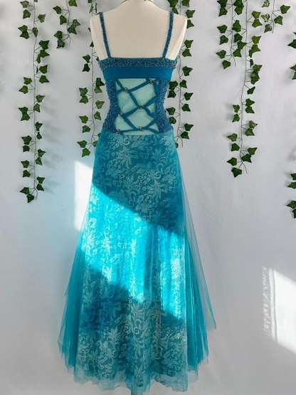 Elegant Strap A-Line Blue Long Prom Dresses Beaded Lace Blue Formal Dresses ED04928