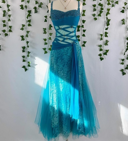 Elegant Strap A-Line Blue Long Prom Dresses Beaded Lace Blue Formal Dresses ED04928