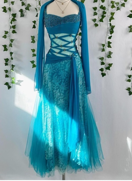 Elegant Strap A-Line Blue Long Prom Dresses Beaded Lace Blue Formal Dresses ED04928