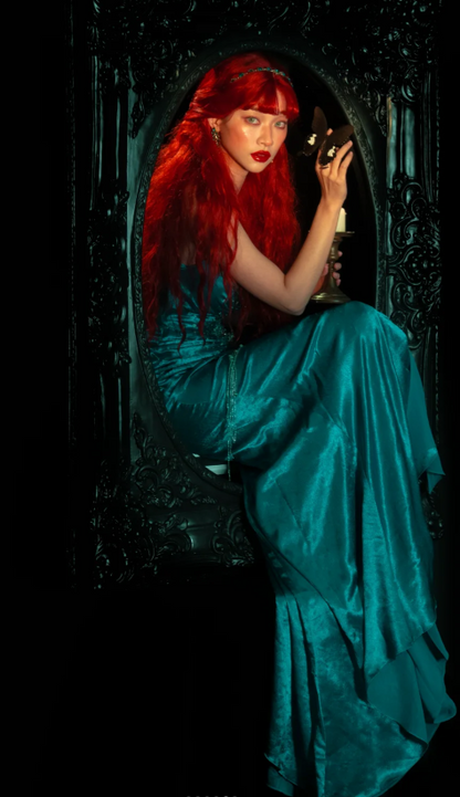 Fairy V-neck Sheath Turquoise Long Prom Dresses Beaded Satin Turquoise Evening Dresses ED04929