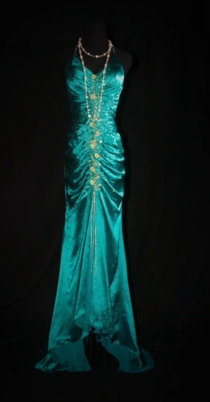 Fairy V-neck Sheath Turquoise Long Prom Dresses Beaded Satin Turquoise Evening Dresses ED04929