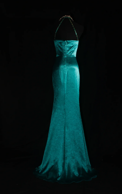 Fairy V-neck Sheath Turquoise Long Prom Dresses Beaded Satin Turquoise Evening Dresses ED04929
